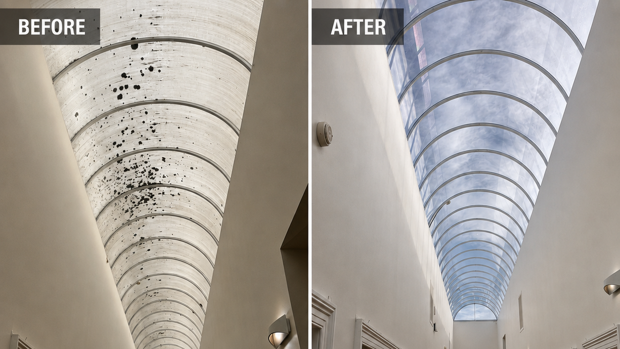 A side-by-side before and after comparison of an indoor hallway with a curved glass skylight. The left 'BEFORE' view shows dark, shadowed areas under the ceiling arches, while the right 'AFTER' replaced with new Excelite Polycarbonate roofing sheets show a clearer view