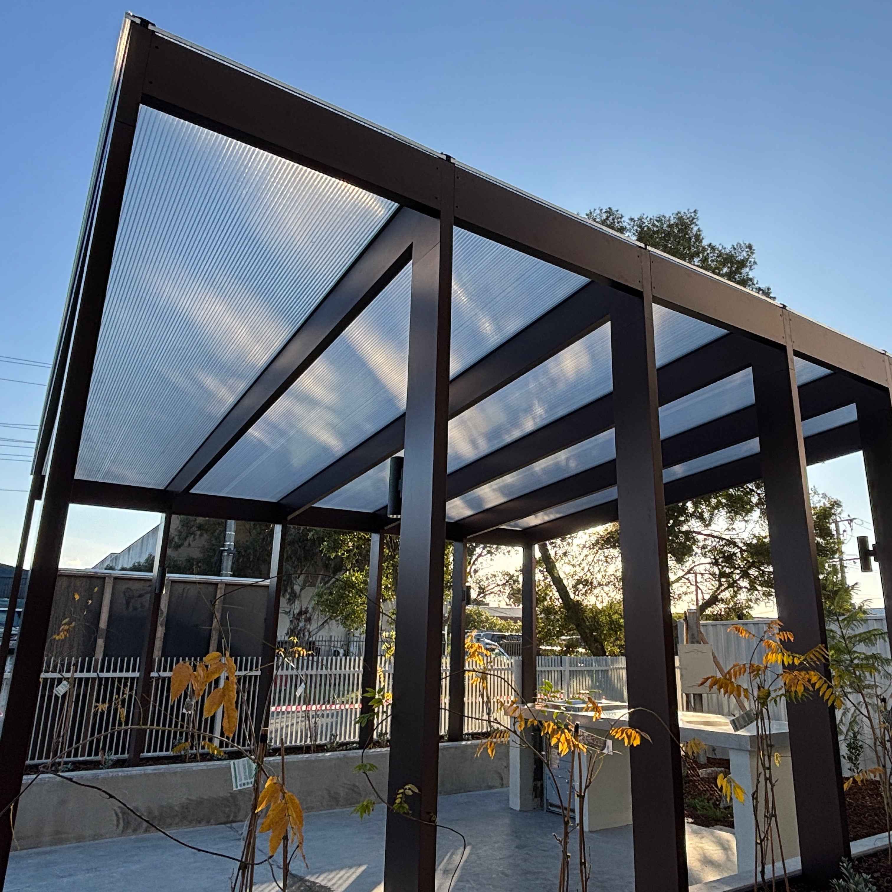 Pergola covered by Clear Multiwall Polycarbonate roofing sheets