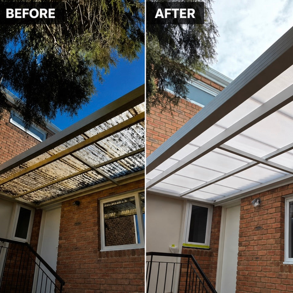 Before and after pergola Roofing sheet, Before is corrugated polycarbonate roofing, and after is Multiwall Polycarbonate Multiwall sheet