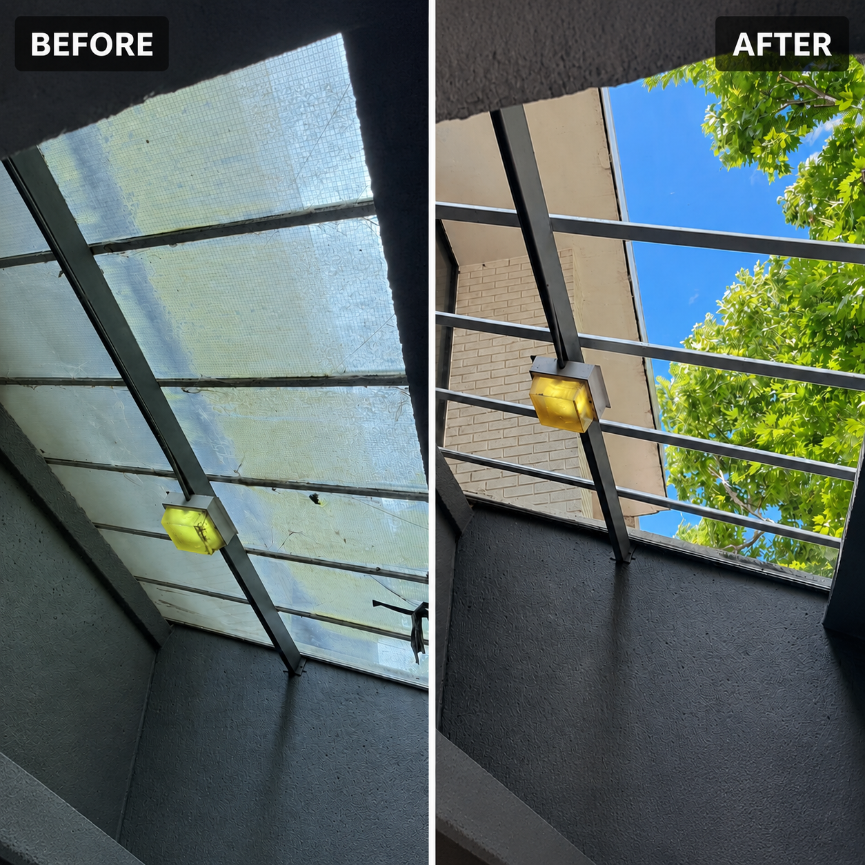 A side-by-side before and after comparison showing a metal window or skylight frame installed on a dark exterior wall. The left 'BEFORE' view shows cloudy, opaque panels; the right 'AFTER' view shows bright blue sky and green trees through the frame, with a small yellow fixture visible.